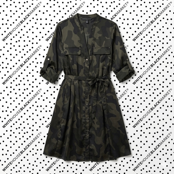 White House Black Market Dresses & Skirts - PETITE - ​White House Black Market Camo Utility Shirt Dress Olive Green